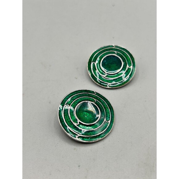 Berebi Vintage Green Enamel Silver Tone Round Clip-On Earrings 1" Diameter - Picture 3 of 6